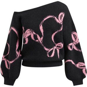 Women’s Black  CIDER One Shoulder Bowknot Knit Pullover Sweater